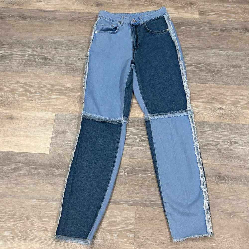 The Ragged Priest Ragged Jeans Two Tone‎ Patchwork Frayed Straight Leg Blue 26